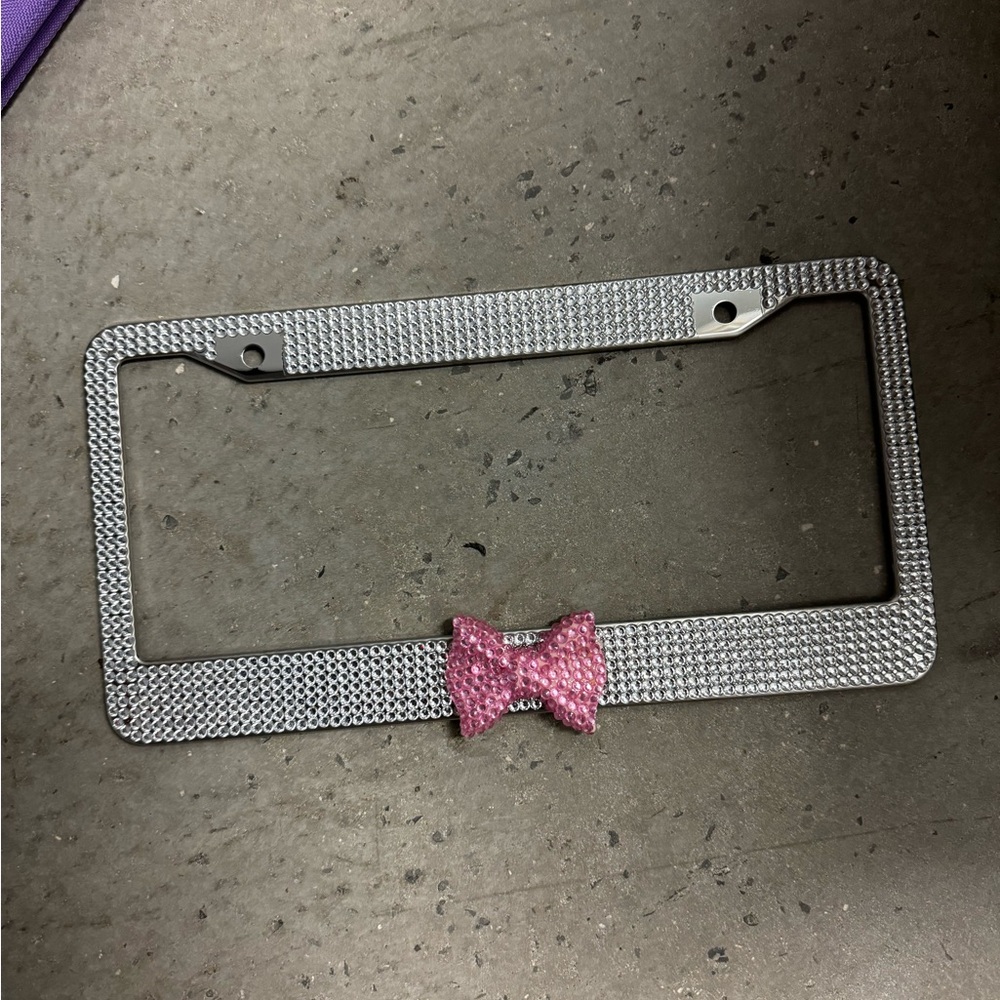 Silver Rhinestone License Plate Frame with Pink Bow